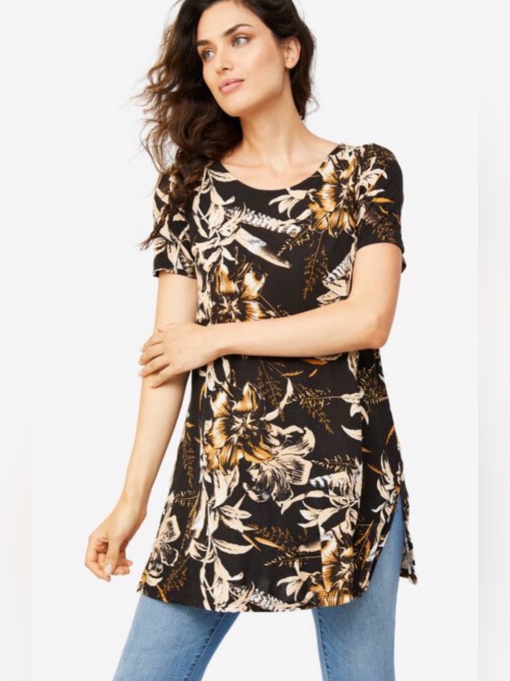ellos Black Floral Plus Size Scoop Neck Tunic Top 30/32 3X